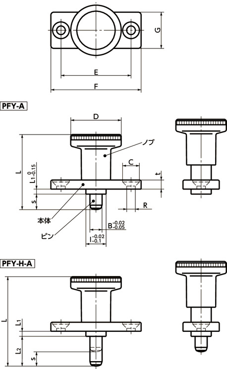 PFYフランジつきインデックスプランジャ - ロック機構つき寸法図