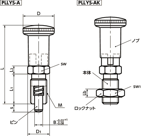 PLLYSインデックスプランジャ - ロック機構つき - ロングノブタイプ寸法図