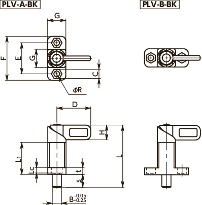 PLVフランジつきインデックスプランジャ - レバータイプ寸法図