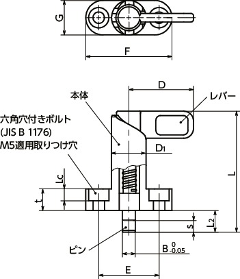 PNLVフランジつきインデックスプランジャ - レバータイプ寸法図