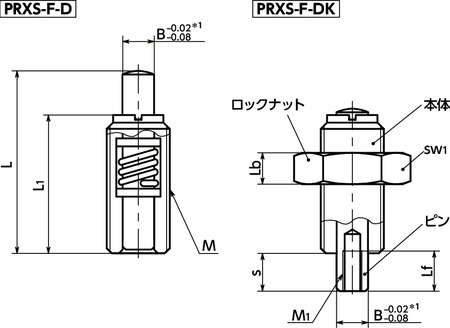 PRXS-F-Dインデックスプランジャ - プッシュタイプ寸法図