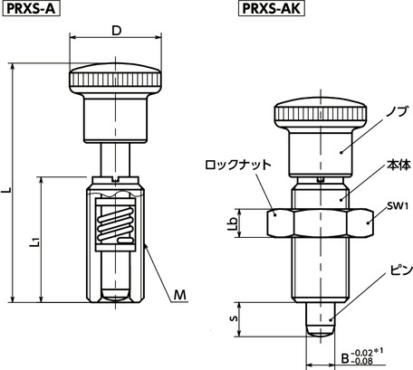 PRXSインデックスプランジャ - プッシュタイプ寸法図