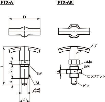PTXインデックスプランジャ - T字ノブタイプ寸法図