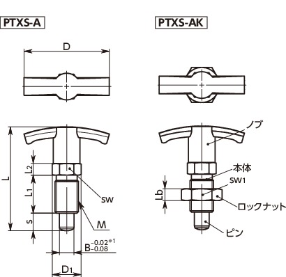 PTXSインデックスプランジャ - T字ノブタイプ寸法図