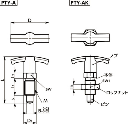 PTYインデックスプランジャ - ロック機構つき - T字ノブタイプ寸法図