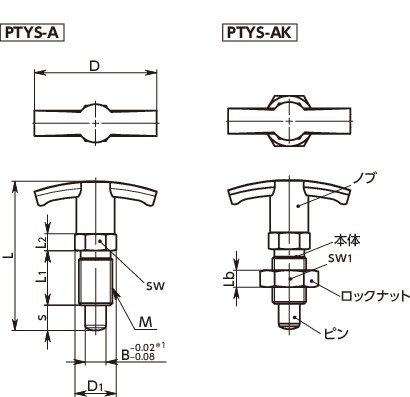 PTYSインデックスプランジャ - ロック機構つき - T字ノブタイプ寸法図