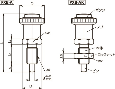 PXBインデックスプランジャ - 操作ボタンつき寸法図