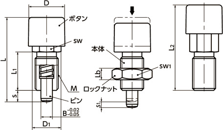 PXPインデックスプランジャ - ノック式ボタンタイプ寸法図