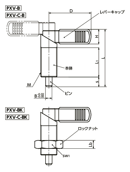 PXV-Bインデックスプランジャ - レバータイプ - レバーキャップつき 寸法図