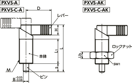 PXVS-Aインデックスプランジャ（ステンレス製） - レバータイプ 寸法図