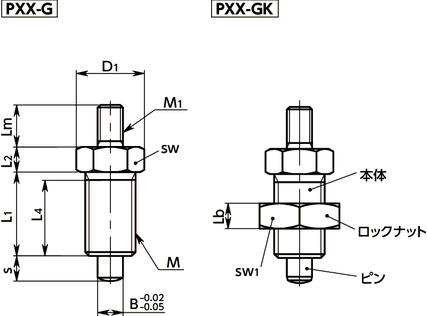 PXX-Gインデックスプランジャ - ノブなしタイプ寸法図