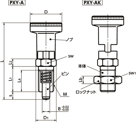 PXYインデックスプランジャ - ロック機構つき寸法図