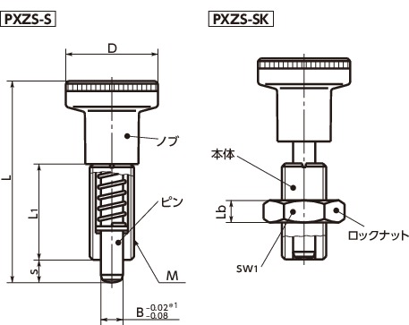 PXZS-Sインデックスプランジャ - 全ねじタイプ寸法図