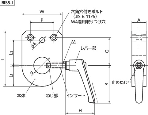RISS-Lインジケータベース - セットスクリュータイプ（レバーつき） - ステンレス製寸法図