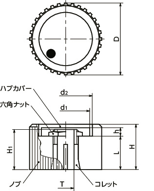 ECX-Tアルミコントロールノブ - コレットタイプ 寸法図