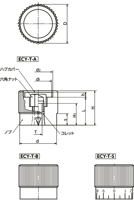 ECY-Tアルミコントロールノブ - コレットタイプ 寸法図
