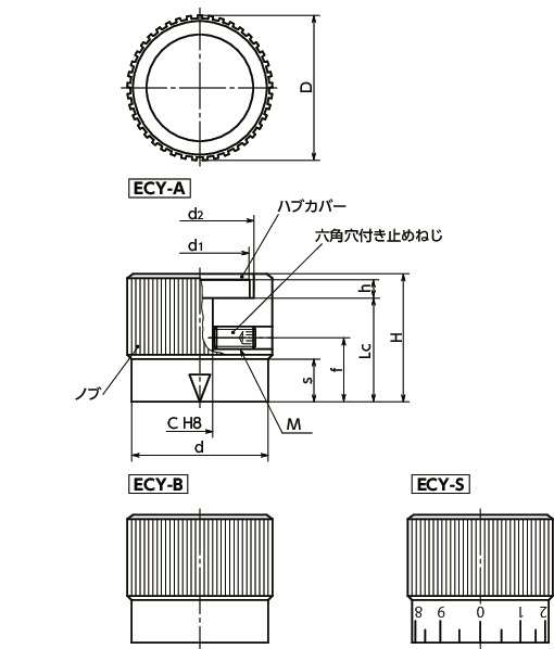 ECYアルミコントロールノブ 寸法図