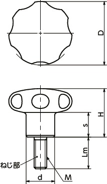 KEHMSステンレスハンドノブ（おねじ）寸法図
