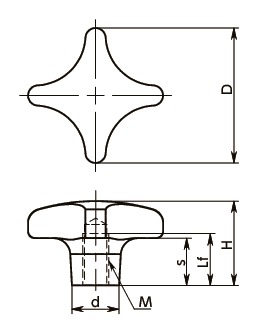 KJFS-M-A4-HP十字ノブ（めねじ）寸法図