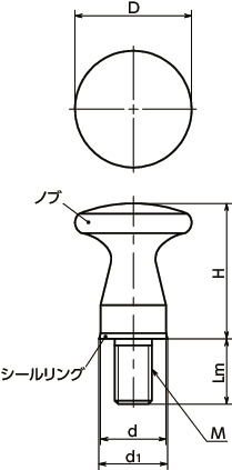 KMPMS-A4-HDメタルプルノブ(おねじ) - ハイジェニックデザイン寸法図