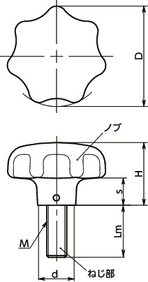 KSMS-A4-HPセブンロブノブ（おねじ）寸法図