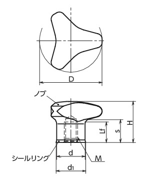 KTLFS-M-A4-HDスリーロブノブ - ハイジェニックデザイン寸法図