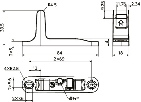 R4-90-80回転ラッチ用ダイカストストライカ寸法図