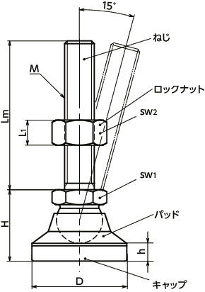 FDM-KSEレベリングアジャスタ（おねじ） - キャップつき寸法図