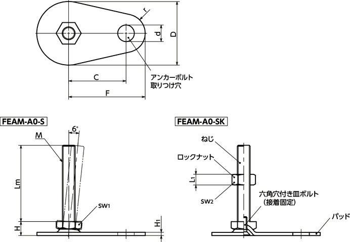 FEAM-A0-Sレベリングアジャスタ（おねじ）  - アンカー固定タイプ - 六角調整寸法図