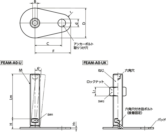 FEAM-A0-Uレベリングアジャスタ（おねじ） - アンカー固定タイプ - 六角穴つき寸法図