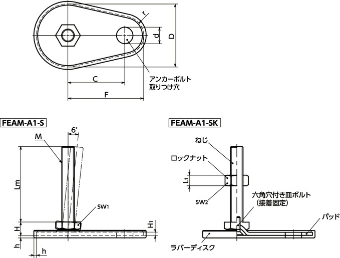FEAM-A1-Sレベリングアジャスタ（おねじ） - アンカー固定タイプ - 六角調整 - ラバーディスクつき寸法図