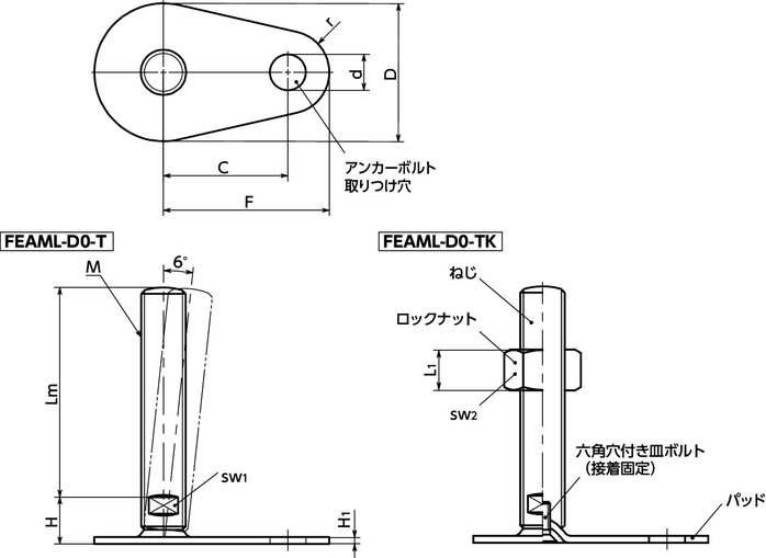 FEAML-D0-Tレベリングアジャスタ（おねじ） - SUS316L - アンカー固定タイプ - 二面幅調整寸法図