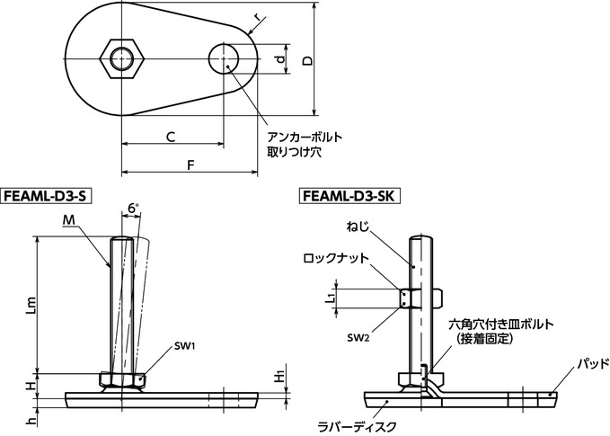FEAML-D3-Sレベリングアジャスタ（おねじ） - SUS316L - アンカー固定タイプ - 六角調整 - ラバーディスクつき（接着）寸法図