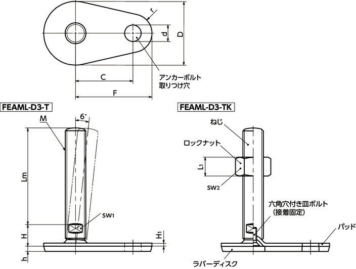 FEAML-D3-Tレベリングアジャスタ（おねじ） - SUS316L - アンカー固定タイプ - 二面幅調整 - ラバーディスクつき（接着）寸法図