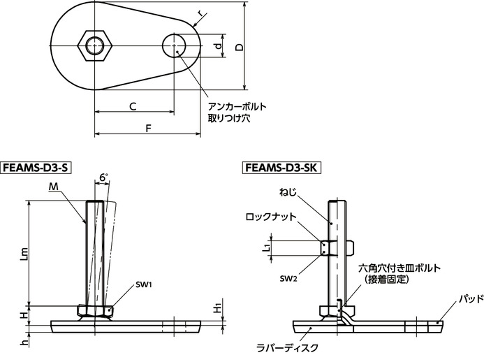 FEAMS-D3-Sレベリングアジャスタ（おねじ） - アンカー固定タイプ - 六角調整 - ラバーディスクつき（接着）寸法図