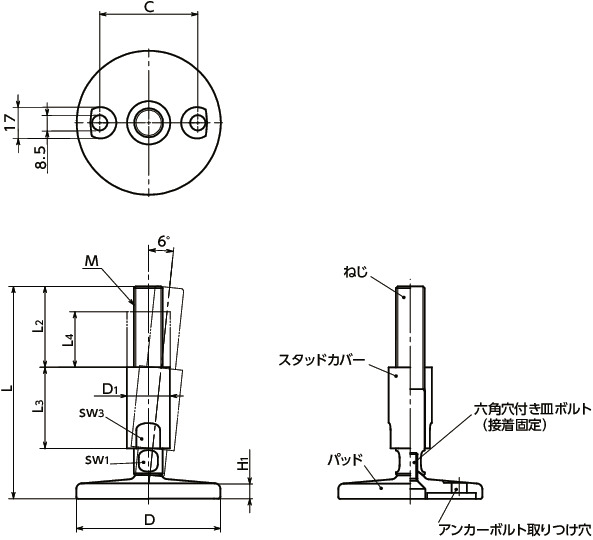 FHAMS-D0-Wレベリングアジャスタ（おねじ） - アンカー固定タイプ - スタッドカバーつき寸法図