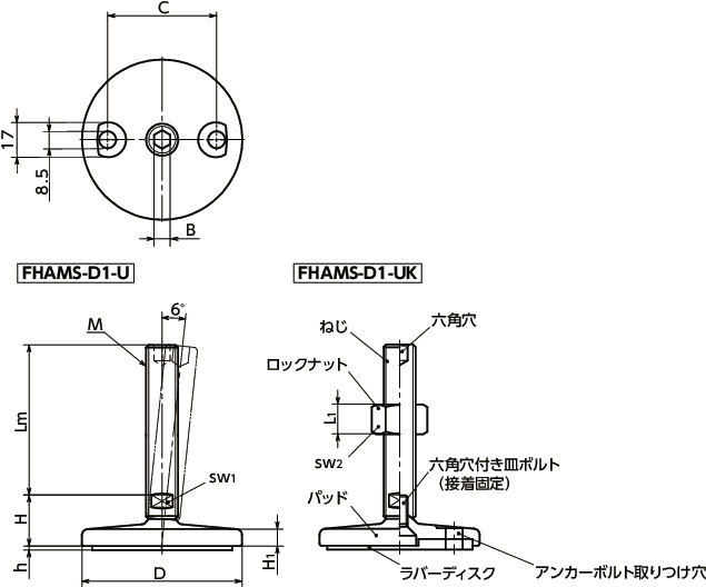 FHAMS-D1-Uレベリングアジャスタ（おねじ） - アンカー固定タイプ - 六角穴つき - ラバーディスクつき寸法図