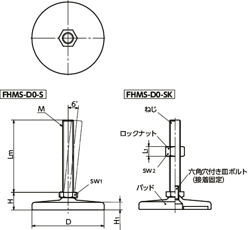 FHMS-D0-Sレベリングアジャスタ（おねじ） - 六角調整寸法図