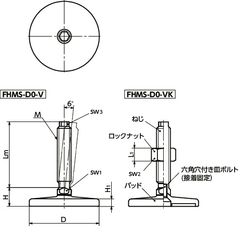 FHMS-D0-Vレベリングアジャスタ（おねじ） - 六角頭つき寸法図