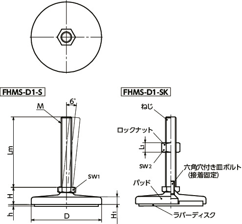 FHMS-D1-Sレベリングアジャスタ（おねじ） - 六角調整 - ラバーディスクつき寸法図