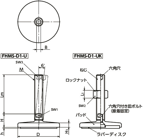 FHMS-D1-Uレベリングアジャスタ（おねじ） - 六角穴つき - ラバーディスクつき寸法図