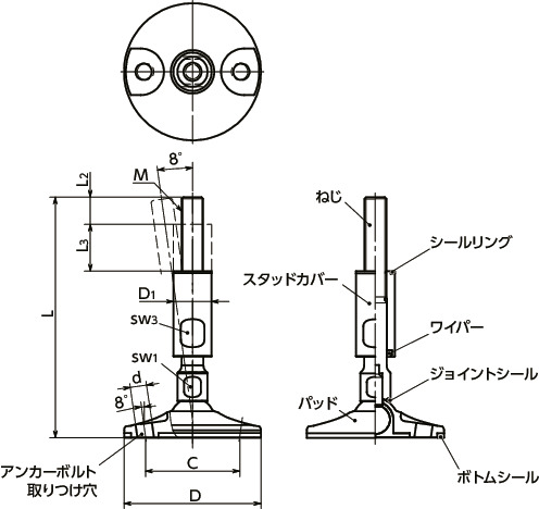 FKAMS-W-HDレベリングアジャスタ（おねじ） - ハイジェニックデザイン - アンカー固定タイプ寸法図