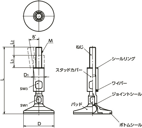 FKMS-W-HDレベリングアジャスタ（おねじ） - ハイジェニックデザイン寸法図
