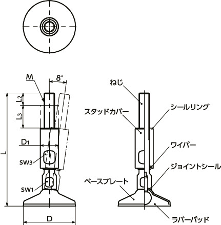 FKRMS-W-HDレベリングアジャスタ（おねじ） - ハイジェニックデザイン 寸法図