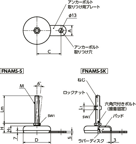 FNAMS-Sレベリングアジャスタ（おねじ）  - アンカー固定タイプ - 六角調整寸法図