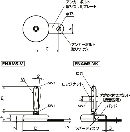 FNAMS-Vレベリングアジャスタ（おねじ） - アンカー固定タイプ - 六角頭つき寸法図