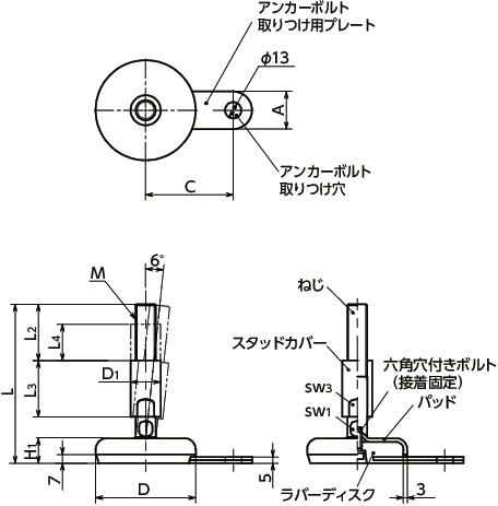 FNAMS-Wレベリングアジャスタ（おねじ） - アンカー固定タイプ - スタッドカバーつき寸法図
