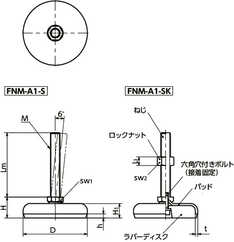 FNM-A1-Sレベリングアジャスタ（おねじ） - 六角調整 - ラバーディスク（黒）つき寸法図