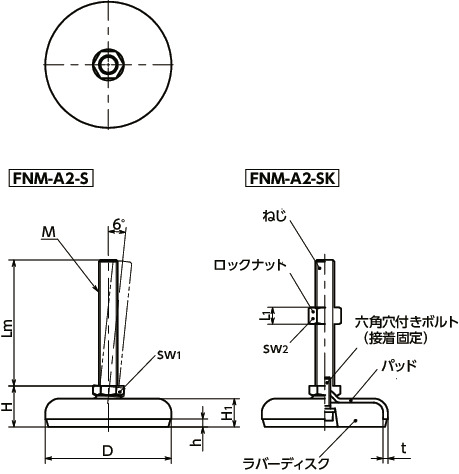 FNM-A2-Sレベリングアジャスタ（おねじ） - 六角調整 - ラバーディスク（白）つき寸法図