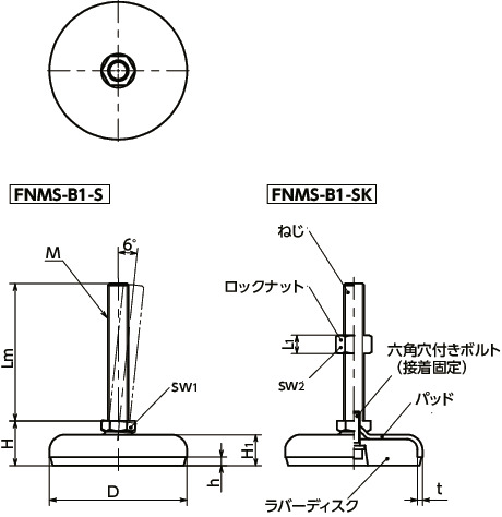 FNMS-B1-Sレベリングアジャスタ（おねじ） - 六角調整 - ラバーディスク（黒）つき寸法図